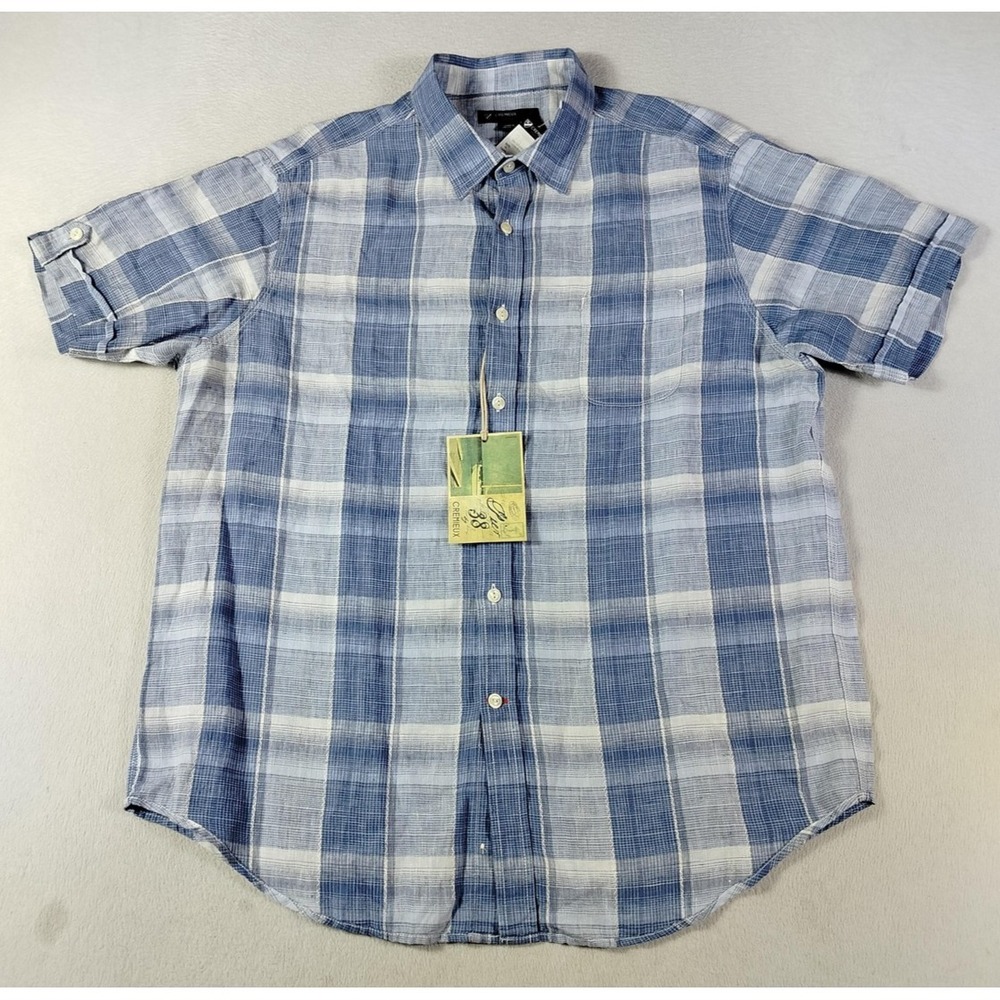 Cremieux Shirt Mens XL Blue Plaid Short Sleeve Linen Casual Summer Breathable